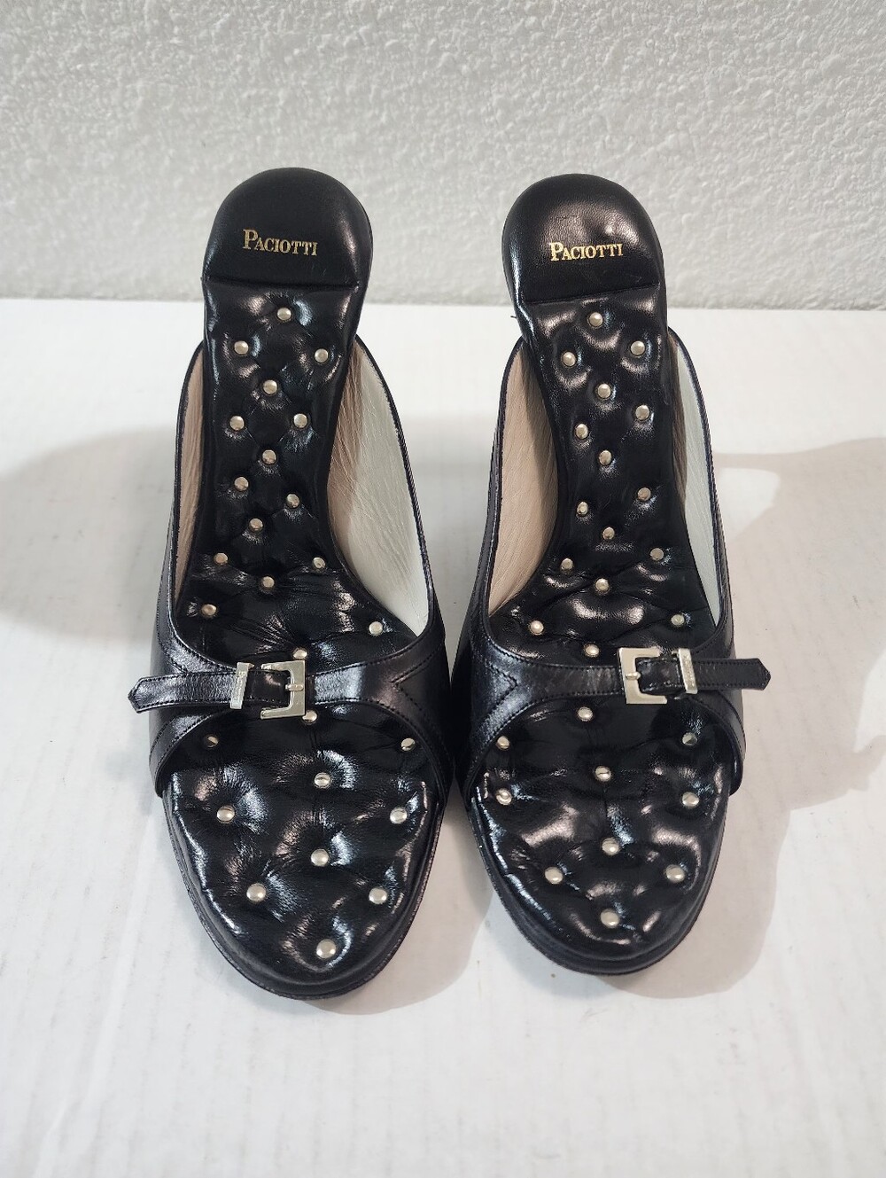 Vintage Cesare Paciotti Black Leather Studded Peep Toe Buckle Heels Italy EU 39